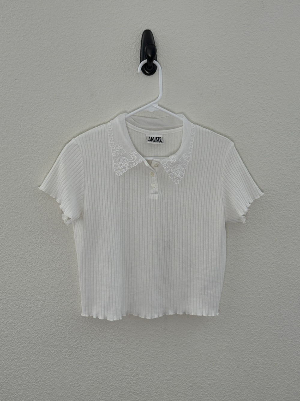 Jalate Limited Vintage 90s White Ribbed Polo Shirt Lace Collar